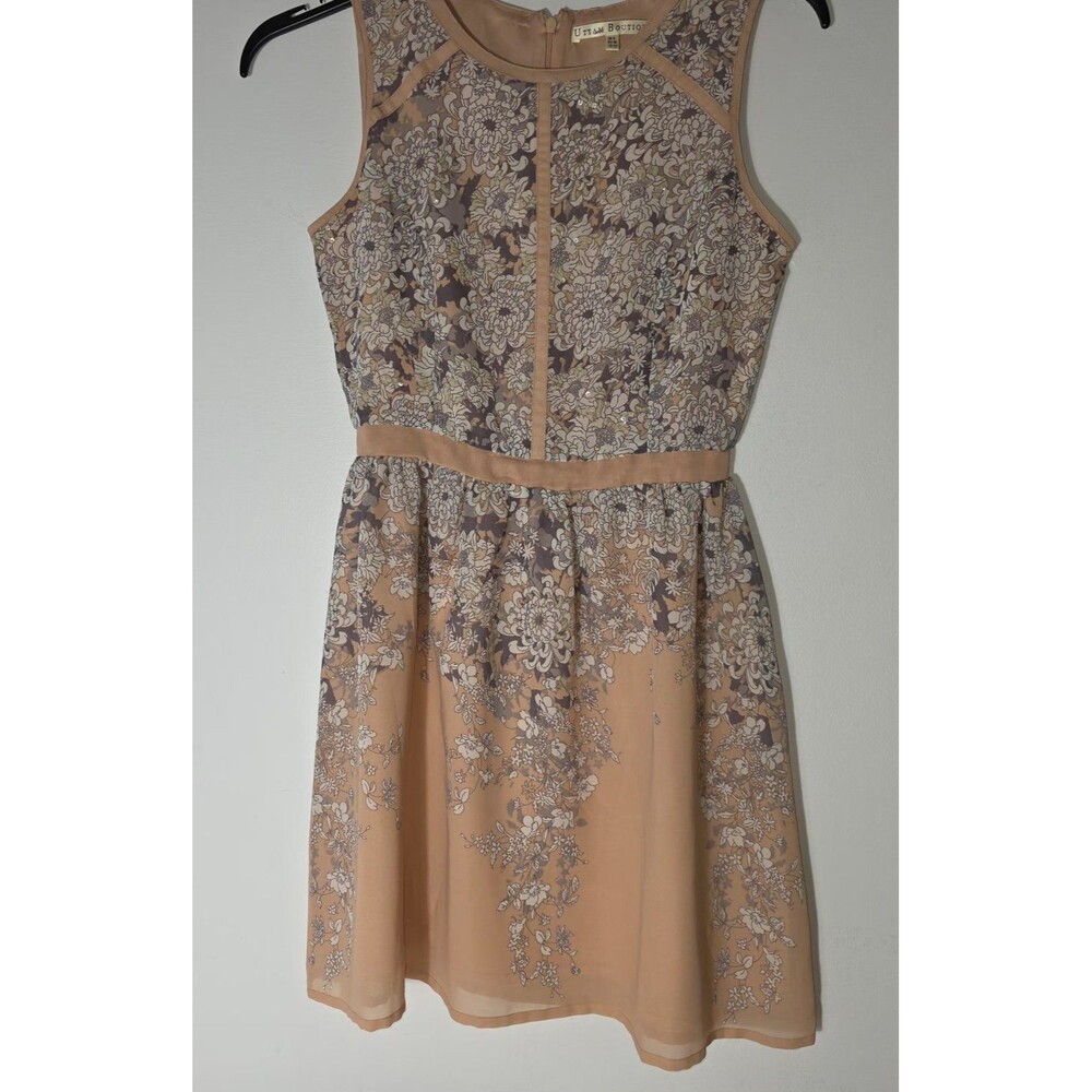 Uttam Boutique London Peach Brown Floral Dress US Size 0/2 Sequins Embroidered
